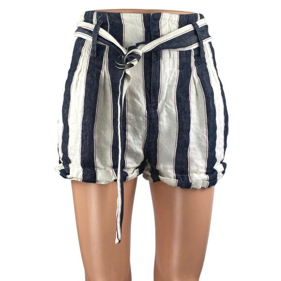 Frame 100% Linen Navy White Striped High Waisted Belted Mini Wide Leg Shorts 0 - Picture 1 of 5
